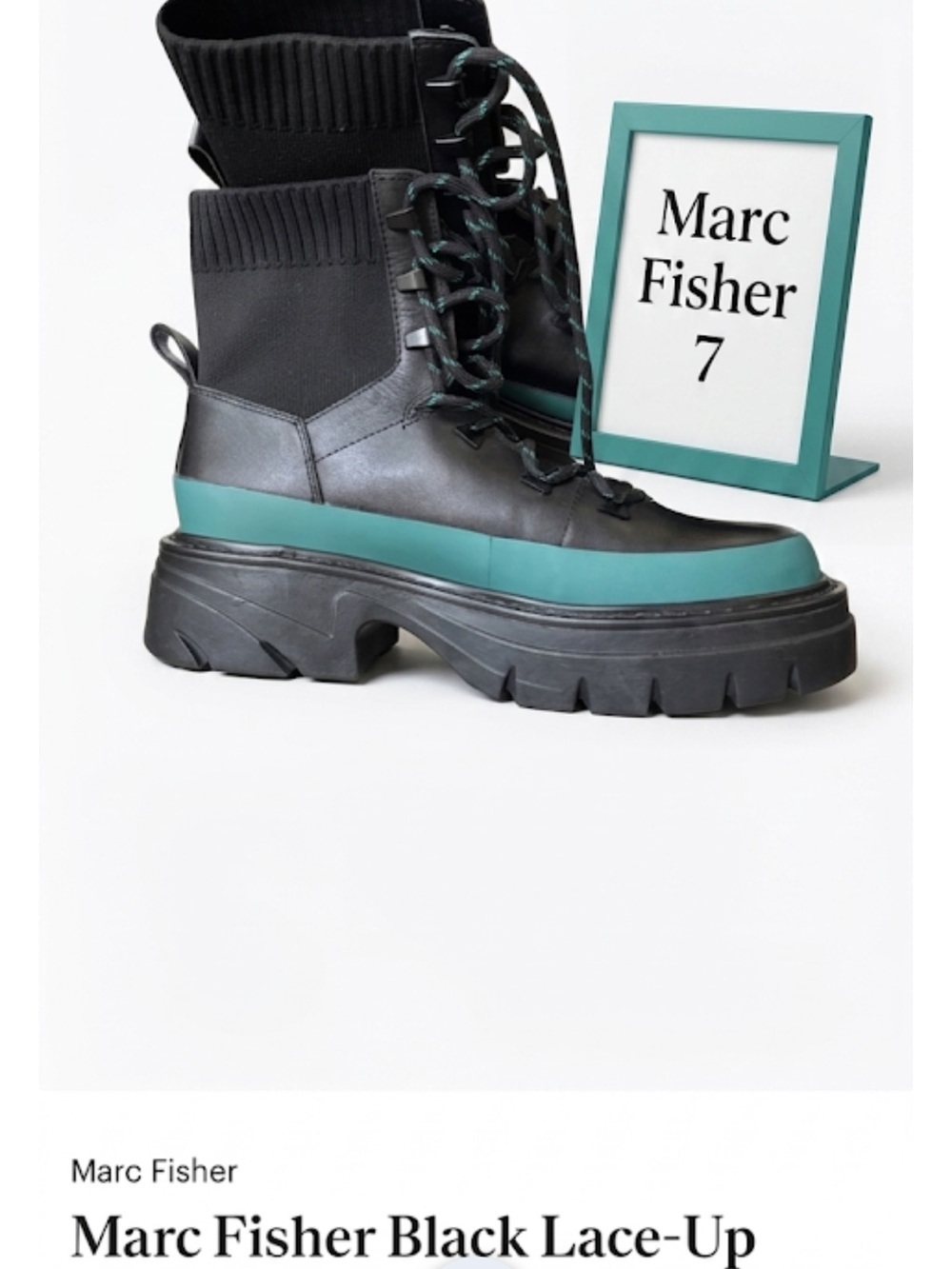 Marc Fisher Black Lace-Up Platform Ankle Boots with Teal Trim new